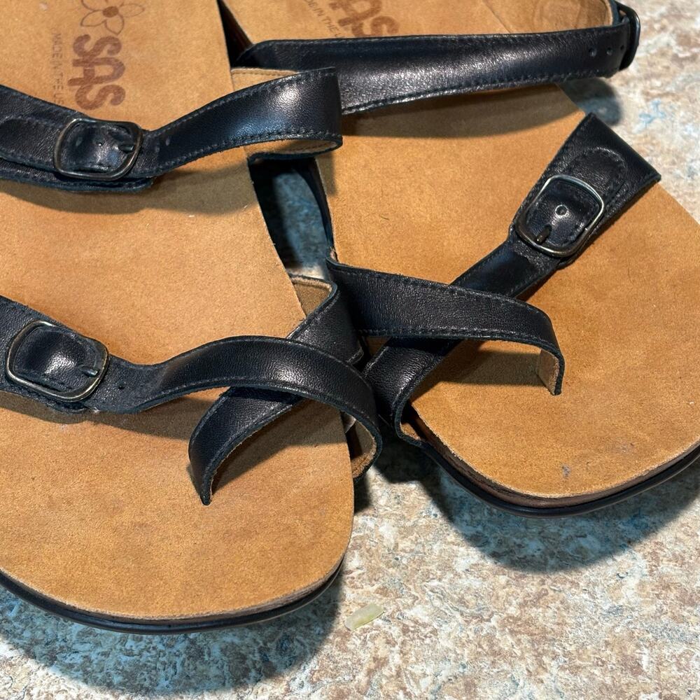 SAS Shelly Brown & Black Toe Loop Leather Sandal Slides Shoes Size 8 Wide - Picture 9 of 11